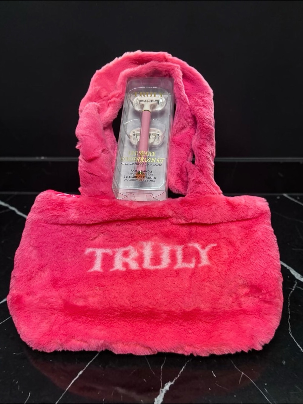 TRULY Hot Pink Faux Fur Tote with White Logo and Life Shaver Starter Kit